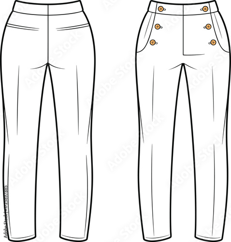 Vector fashion technical flat sketch of women tailored pants with high waist, side pockets, decorative buttons, straight leg silhouette illustration design