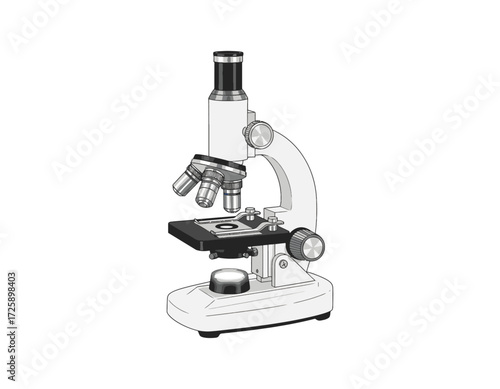 Precision optical laboratory microscope, a fundamental scientific instrument for detailed biological exploration and microscopic examination, rendered as a clean vector graphic illustration
