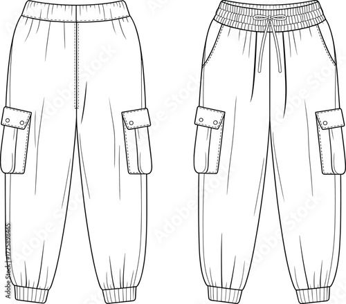 Vector fashion technical flat sketch of cargo jogger pants with elastic waistband, drawstring option, flap cargo pockets, tapered ankle cuffs illustration