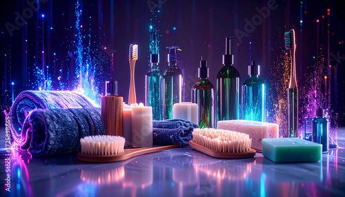 Zero Waste Bathroom Essentials on Marble Shelf. Vegan Lifestyle. Generated Image