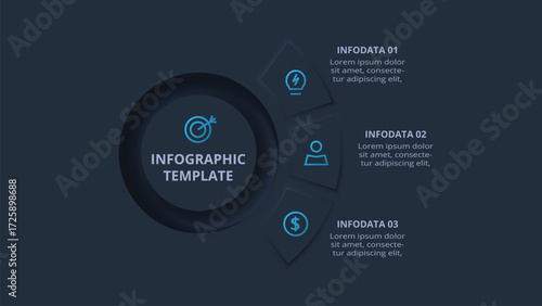 Neumorphic flowchart dark iinfographic. Creative concept for infographic with 3 steps or processes.