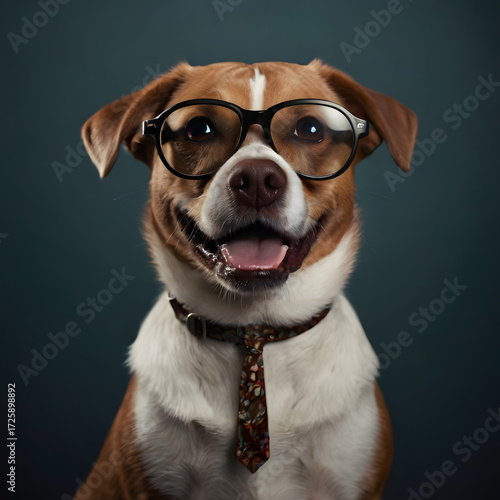 A Clever Canine Portrait Dog with Glasses and Tie exudes Charm and Intelligence in Studio Setting