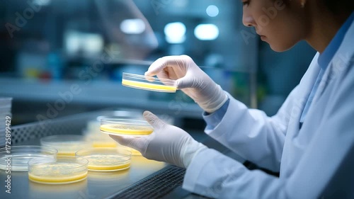 A scientist cultures gene edited bacteria in a microbiology lab with agar plates streaking incubators warming petri dishes stacked and a biosafety hood running shown in a cont