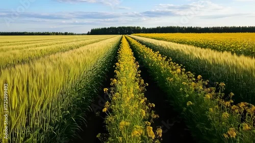 Medium shot of healthy crops showing alternating grain and oilseed plants emphasizing ecological balance and longterm soil health benefits in modern farming.