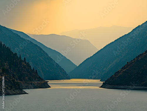 Serene Sunset Landscape- Mountains, Lake, and Golden Hour