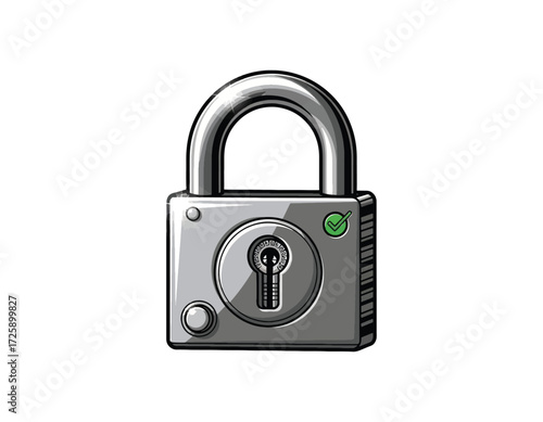 A metallic padlock illustration with a green indicator light, signifying security, privacy, and access control, perfect for digital protection concepts