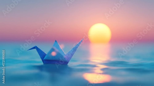 Origami crane floating on water sunset