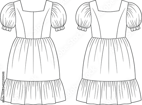 Vector fashion technical flat sketch of tiered dress with square neckline, puff sleeves, fitted bodice, gathered skirt, seam line illustration