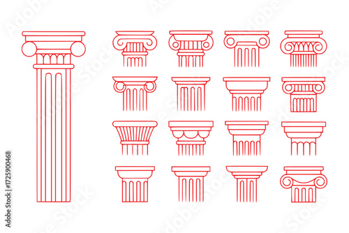 Collection of Red Line Art Greek and Roman Column Capitals and Shafts