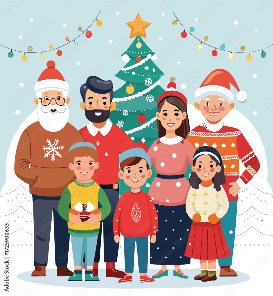 Fototapeta premium Christmas Family. Vector cartoon flat illustration of parents, grandparents, and children in cozy outfits, Santa and Christmas hats, standing together. Isolated on a background with a Christmas tree