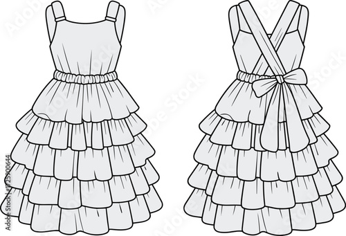 Vector fashion technical flat sketch of tiered ruffle dress with puff sleeves, round neckline, gathered bodice, bow back straps illustration