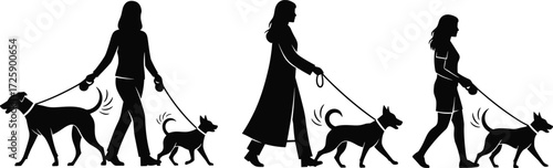 Dog walker silhouette vector illustration set, various women walking dogs on a leash, graphic design resource for pet care