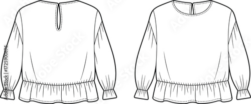 Vector fashion technical flat sketch of women blouse with puff long sleeves, round neckline, peplum hem, gathered waist, keyhole back closure