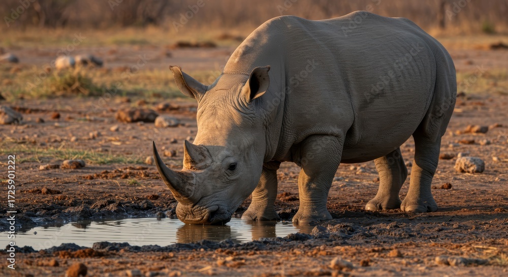 Fototapeta premium Magnificent rhinoceros quenching its thirst in the golden african sunset