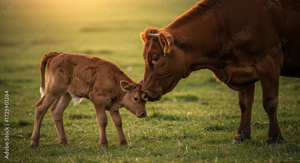 Obraz premium Affectionate cow mother and calf bonding moment in green pastures at sunset