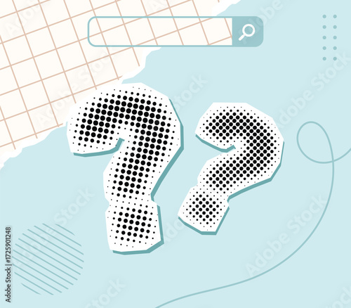 Trendy collage halftone question mark with search bar icon vector fit for illustration design looking for answers, business problem analysis, content about question and answer