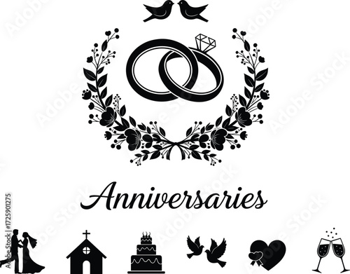 Anniversary celebration vector design with wedding rings, floral wreath, love birds, cake, church, heart, champagne glasses, and romantic couple silhouette.