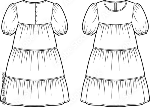Vector fashion technical flat sketch of tiered dress with puff sleeves, round neckline, gathered skirt, button back closure garment illustration
