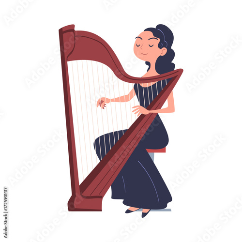 Woman Musician Character Play Harp Musical Instrument Sitting on Stage Vector Illustration