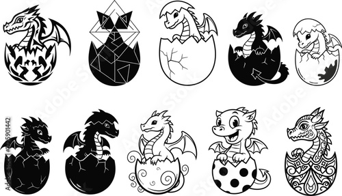 Cute baby dragon hatching from egg set, black and white vector icons for fantasy, game, tattoo, logo, and kids design themes.