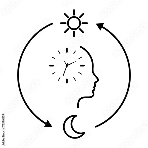 Human head with clock inside, surrounded by sun and moon cycle arrows, symbolizing circadian rhythm, biological cycle, sleep wake balance, mental health, daily routine. Editable stroke