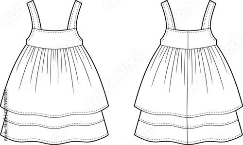 Vector fashion technical flat sketch of sleeveless dress with wide straps, fitted bodice, tiered scalloped skirt, garment construction details illustration