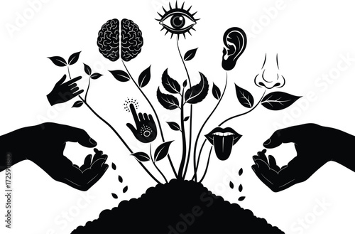 Human senses growth concept with brain, eye, ear, nose, tongue and hands sprouting as plants, symbolic nature psychology vector illustration