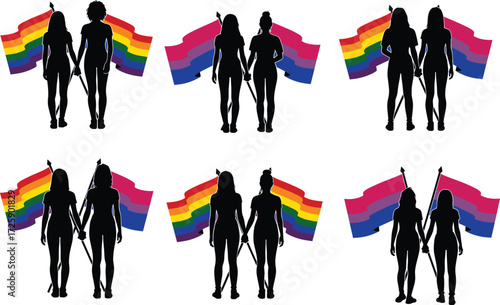 LGBTQ+ couples with pride and bisexual flags, celebrating love, diversity, and equality in a powerful and inclusive silhouette vector illustration.