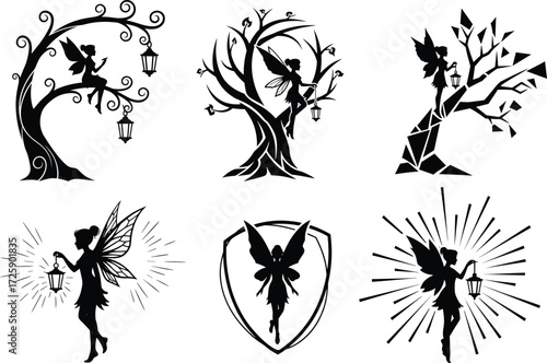 Magical fairy silhouette with lantern in fantasy tree, mystical night elf artwork, enchanted wings, glowing light, decorative vector design