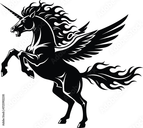 Powerful winged unicorn vector illustration, majestic flying horse with fiery mane and tail, symbolizing strength, magic, and mythical fantasy.