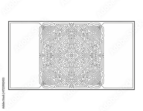 Elaborate black and white geometric tracery within a rectangular frame. Detailed vector illustration of a symmetrical abstract maze pattern for mindfulness
