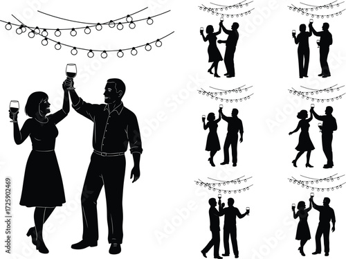 Romantic couple toasting under string lights silhouette set — perfect for wedding, anniversary, party, date night, and celebration vector designs.