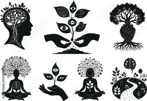 Set of human mind nature vector illustrations, meditation growth concept, brain tree art, mindfulness yoga, spiritual balance silhouette designs