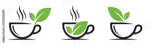 Herbal Tea Cup Vector Icon with Green Leaves 