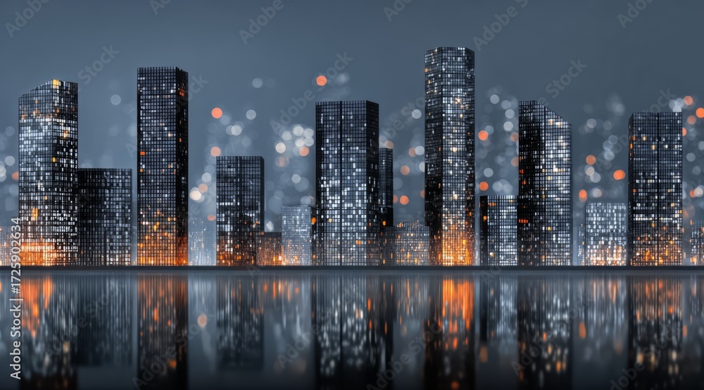 Naklejka premium City skyline with a reflection of the buildings in the water. The city is lit up at night, creating a moody