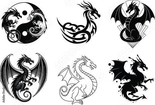Six Black and White Dragon Silhouette Vector Icons Featuring Yin Yang, Tribal, Geometric, and Splatter Styles for Fantasy and Tattoo Design
