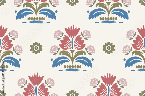 Ethnic abstract ikat fabric artwork with seamless patterns, combining tribal, indigenous and Mexican embroidery with Aztec geometric motifs. Ideal for rugs, wallpapers, throws, fabrics and clothing.