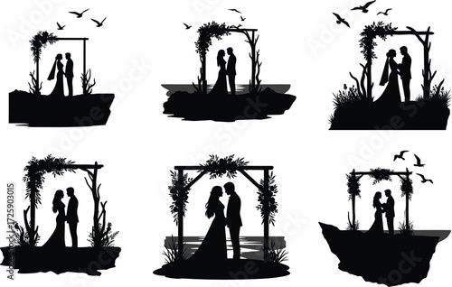 Wedding couple silhouettes under floral arches by water — romantic beach, garden, lakeside ceremony scenes for invitations, logos, and decor.