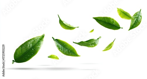 Fresh tea leaves floating in mid-air against a white background (1)