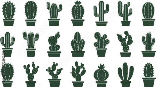 Cactus silhouette collection, dark green vector clipart, potted plant icons, succulent species, botanical illustration, desert flora design