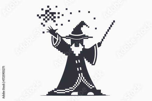 Pixelated wizard casting magic with his staff creates pixelated effects over a white backdrop