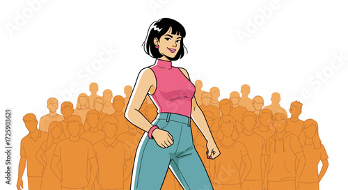 A confident woman striding forward before a crowd of people.