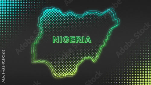 Cuadro en lienzo Neon Blue-Yellow Nigeria Map Outline Futuristic Glow Halftone Illustration