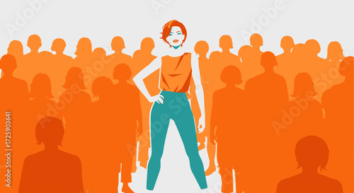 A confident woman stands out from a crowd of orange silhouettes.