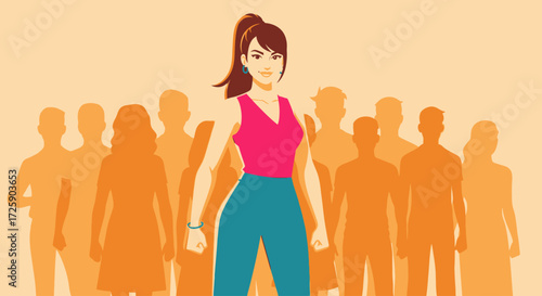 A confident woman leader standing out from a crowd of people.