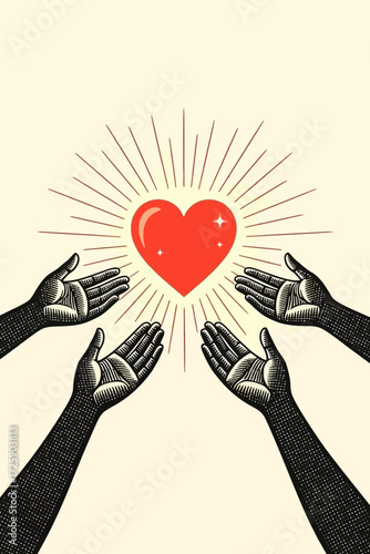 Hands reaching for a radiant heart, a symbol of love, hope, and connection for inspiring designs, expressing care, and promoting unity and compassion