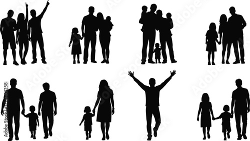 Family silhouette collection, black vector clipart, parent-child icons, affectionate poses, social relationship graphics, bonding illustration set