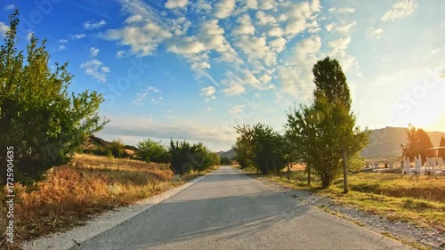 Road-scape, dry golden grass plain, cemetery, POV vehicle driving
