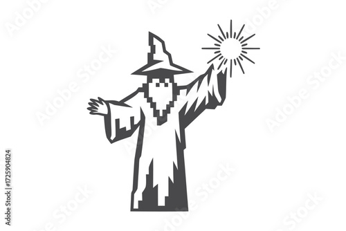 Pixelated wizard in silhouette casts spell with sparkling wand on a white background