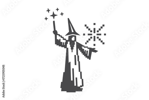 Pixelated wizard with a pointed hat holds a magical staff, creating a swirling spell